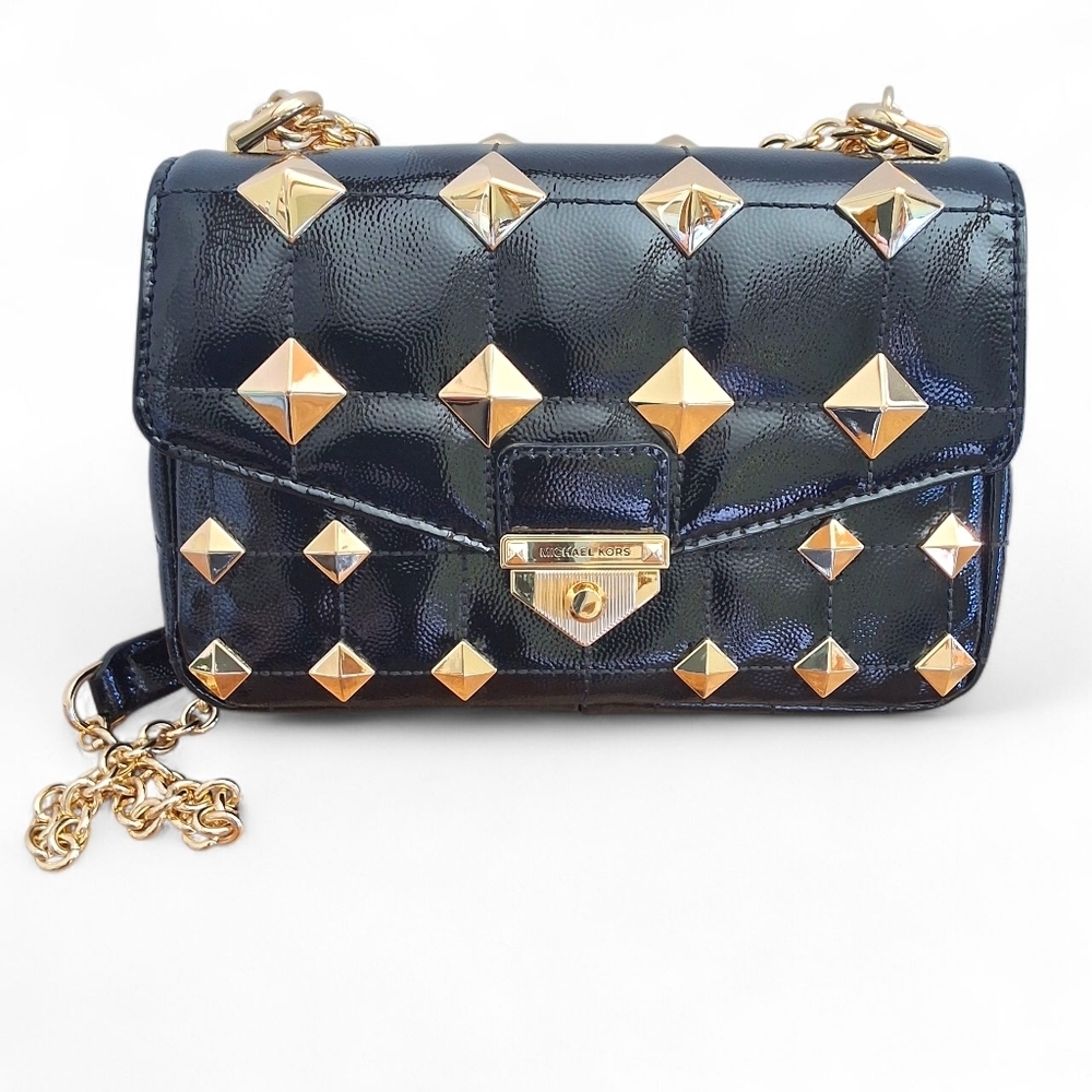 Michael Kors Whitney Studded Patent Leather Shoulder Bag Black Gold